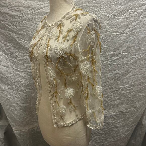 Vintage HandMade in Hong Kong Cream+Pearl+Gold Beaded Cardigan Sweater Size 10 - Picture 2 of 6